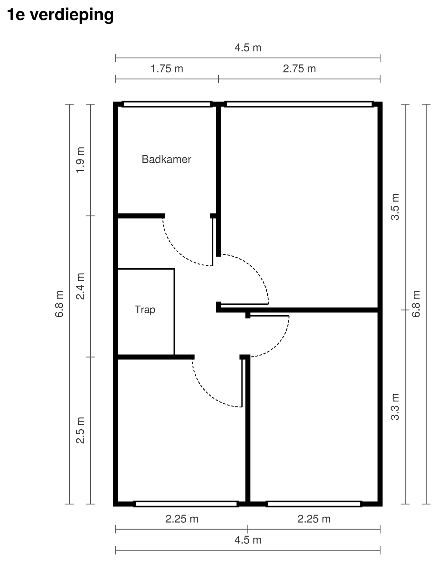 Plattegrond eerste verdieping: drie slaapkamers en badkamer