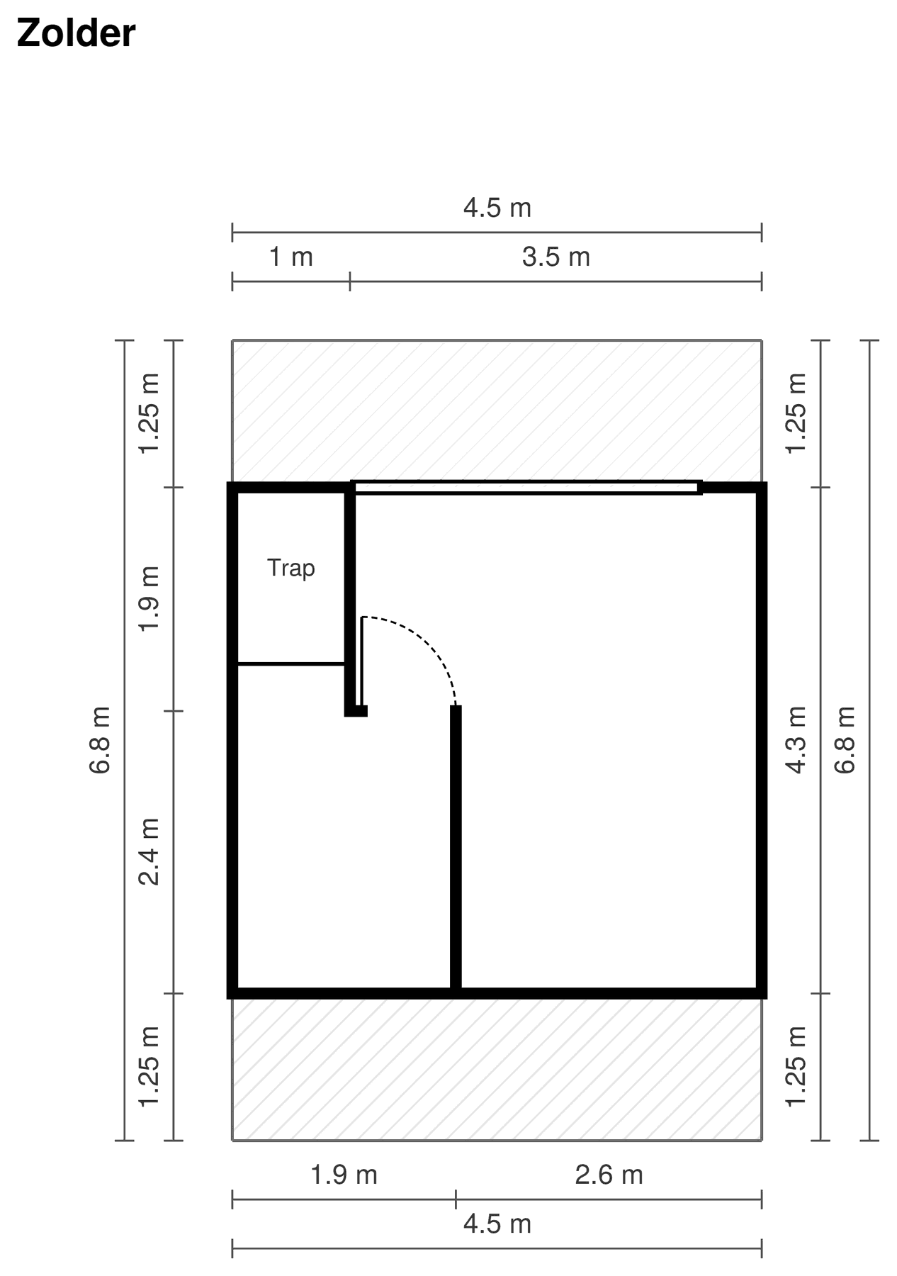 Plattegrond zolderverdieping met trap en twee ruimtes